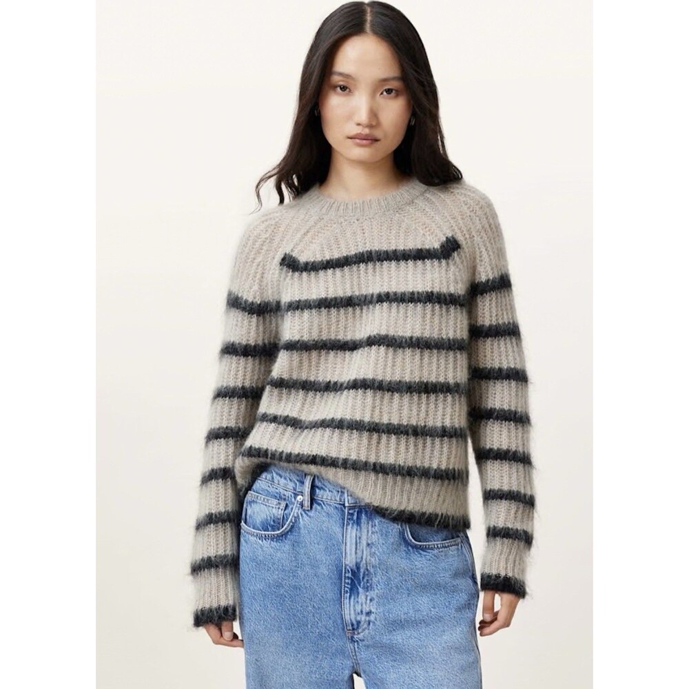 AllSaints Women's Knitwear Riga Striped Crewneck Cardigan Small Fuzzy Luxury